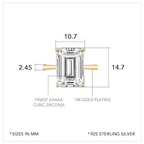 DIAMONBLISS Marilyn Monroe 10-Carat Big Solitaire Ring For Women | 14K Gold Plated 925 Sterling Silver Glamorous Cocktail Ring | 100 Facet Cubic Zirconia CZ Simulated Diamond - style: Emerald 10 Carats