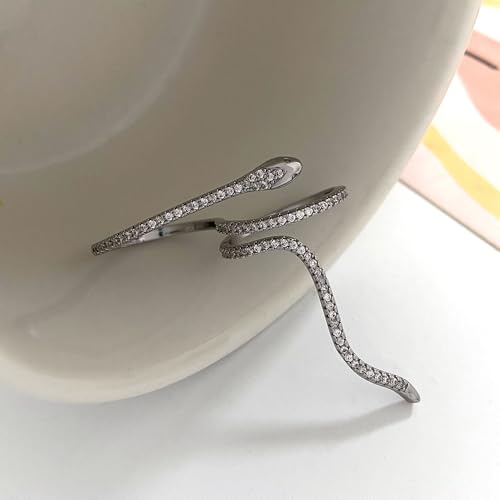 Dainty Crystal Snake Open Ring for Women CZ Snake Ring Gold/Silver Cubic Zirconia Adjustable Copper Ring for Her Lover Animal Snake Index Finger Ring - color: silver