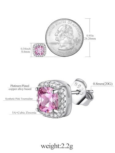 FindChic Birthstone Earrings for Women, Round/Heart/Square/Teardrop Earrings with 925 Sterling Silver Posts & Push Backs, Hypoallergenic Studs with Cubic Zirconia, 12 Months Jewelry with Gift Box - style: 10. October-Pink Tourmaline (Square)