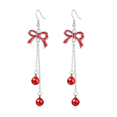 Gold Bow Earrings for Women, Long Tassel Chain Drop Earrings, Trendy Small Bow Earrings, Ribbon Waterfall Dangling Earrings, Pearl Bow Earrings, Sparkly Elegant Bowknot Preppy Jewelry Gifts for Women - color: U-Christmas3