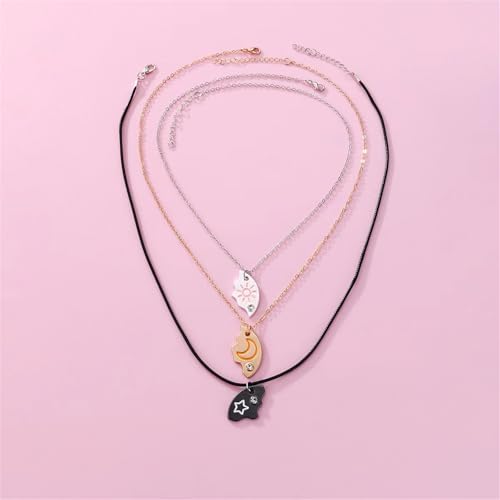 3pcs Friendship Moon Sun Star Puzzle Matching Necklace Set Gold Silver Plated Cute Crescent Round Circle Geometric Best Friend BFF Pendant Necklace for 3 Women Sisters Daughter Birthday Jewelry Gifts - color: Mixed color