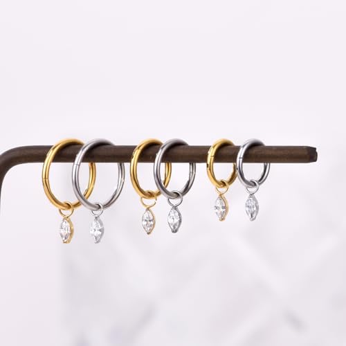 Ourania 16G Gold Stainless Steel Zircon Dangle Huggie Hoop Rook Piercing Helix Hoop Earring Tragus Hoop Cartilage Piercing for Women - color: Eyes Silver 2PCS, size: 1.2*6mm 2pcs