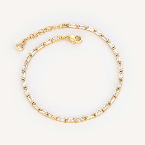MEVECCO Dainty Chain Bracelets for Women, Layered and Charm Styles | 14K Gold Plated Brass, Select Cubic Zirconia Accents, Single and Multi-Row Structures for Refined Everyday Wristwear - style: Tennis Chain Baguette