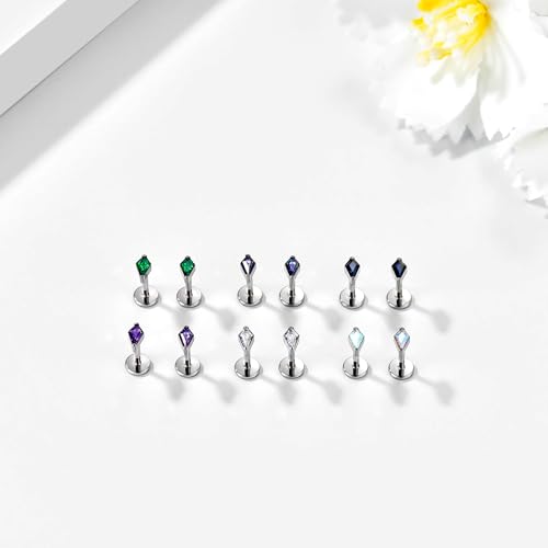 BelezaDosas G23 Hypoallergenic 18g Flat Back Studs Earrings F136 Implant Grade Titanium Tiny Press Fit Threadless Push in Cartilage Helix Labret Lip Conch Tragus Piercing Jewelry - style: BD-Rhombus-Black