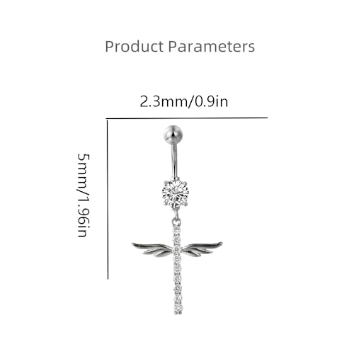 14G Crystal Wing Dangle Belly Button Ring for Women Cubic Zirconia Belly Curved Navel Barbell Dangle Piercing Sparkling Body Piercing Jewelry - color: Silver