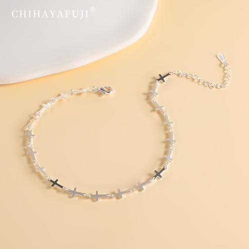 Sterling Silver Ankle Bracelets for Women 14K Gold Waterproof Layered Stackable Bead Chain Cross Charm Non Tarnish Large Adjustable Anklet for Summer Beach Jewelry Gift - color: silver5