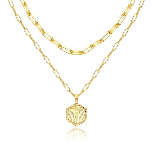 Layered Initial Necklace for Women | Gold Plated Paperclip Chain with Sunburst Hexagon Letter Pendant | Double Layer Alphabet Necklace | Personalized Minimalist Jewelry Gift - color: P