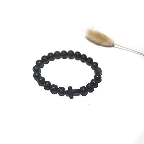8MM Ornament Lava Volcanic Stone Beads Turquoise Cross Elastic Stretch Bracelet Religion Bangle for Women Men - color: Black