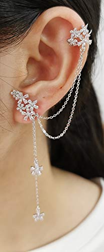 Blossom CZ Flower Ear Cuff Wrap Clip On Clawler Climber Hoop 925 Sterling Silver Stud Chain Threader Tassel Asymmetric Earrings for Women Girls Sensitive Ear Elegant Gifts for Wedding Bff
