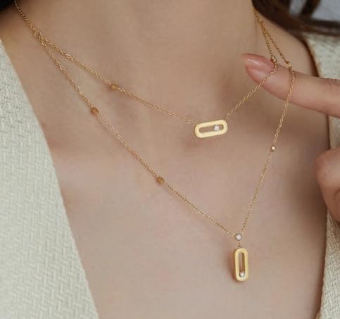 Diamond necklace for women, simple geometric single diamond double-layer, fashionable autumn and winter sweater chain, versatile clavicle - color: Gold