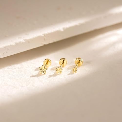 3 Pair Tiny Flat Back Earrings for Women - 14K Gold/White Gold Plated Dainty Cute Small Screw Flatback Stud Earring, Everyday Wear Gift - color: Flower Flat-4/5/6mm Gold