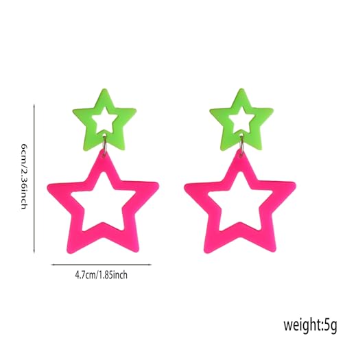 Colorful 80s 90s Neon Star Earrings for Women Retro Glow Party Costume 80s 90s Acrylic Dangle Earrings Outfit - style: Symmetrical Green and Hot Pink