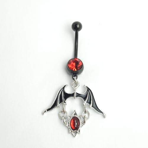 14G Black Bat Crystal Dangle Belly Button Ring for Women 316L Surgical Steel Red Cubic Zirconia Dangling Belly Navel Barbell Rings Halloween Gothic Body Piercing Jewelry