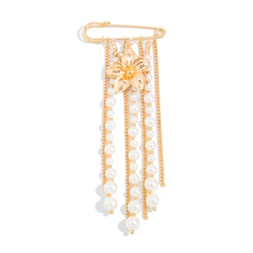 Gold Flower Pearl Tassel Brooch Pin for Women Elegant Pearl Chain Safety Pin Brooch Wedding Party Gift Dainty Elegant Lapel Pins Dress Suit Clothes Accessories - color: Gold