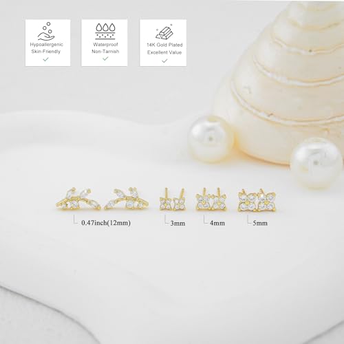 Stud Earring for Women, 14K Gold Silver Plated Hypoallergenic Studs Set | Trendy Cartilage Tragus Helix Clover Flower Earring Stack for Multiple Piercing, Dainty Cute Small Jewelry Gift, Non Tarnish - style: GD-Flower/Branch-4 Pairs