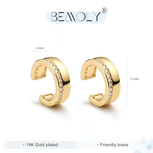 Bemoly Ear Cuff Earrings for Women 14K Gold Plated Cubic Zirconia Dangle Huggie Ear Cuffs Non Piercing | Clip On Cartilage - style: H-1 Row cz-Pair