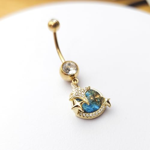 14G Blue CZ Evil Eye Sun Heart Dangle Belly Button Rings for Women 14K Gold Plated Surgical Steel Belly Navel Barbell Enamel Starry Sky Colorful Crystal Dangling Navel Rings Belly Piercing Jewelry - style: Style7