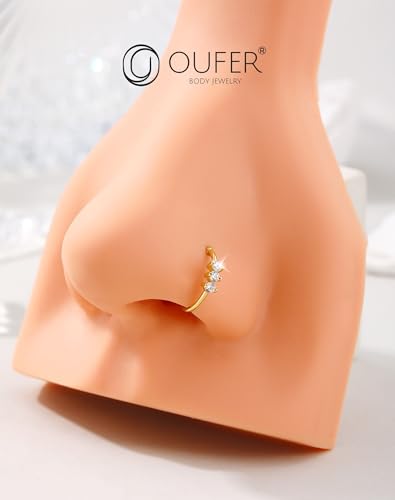 OUFER 14K Solid Gold Nose Rings Hoops, 20G Hoop Nose Rings for Women, Clear CZ Nose Piercing Jewely, Seamless Open Cartilage Helix Earrings