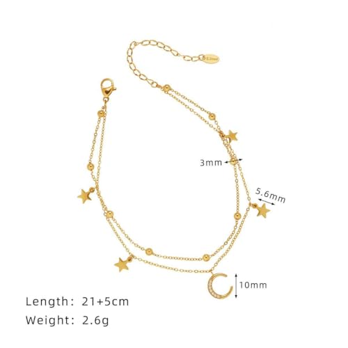 Layered Star and Moon Anklet for Women Waterproof Titanium Steel | Adjustable Gold/Silver Ankle Bracelet for Everyday Wear, Shower Safe Celestial Jewelry Gift, Dainty Summer Beach Foot Jewelry - color: Gold