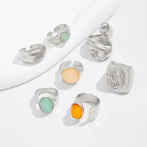 Chunky Rings for Women Stackable Vintage Adjustable Rings for Women Gold Statement Stone Ring Set Non Tarnish Vintage Jewelry - style: Silver