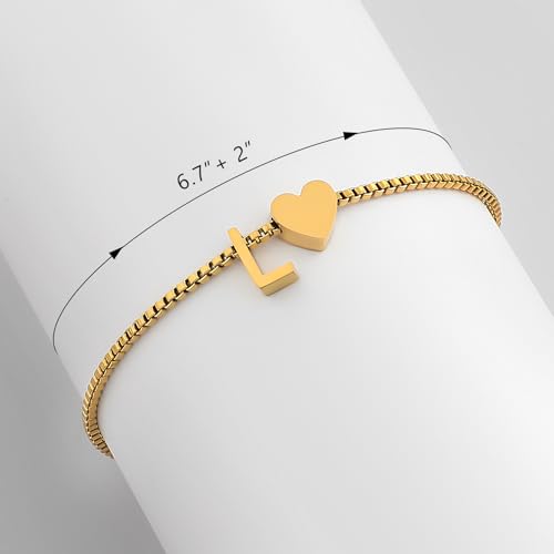 Gold Initial Bracelet for Women Dainty Personalized Name Bracelet | 14K Gold Plated, Letter A-Z Bracelet, Tiny Gold Initial Cute Heart Bracelet Jewelry Gift - color: L