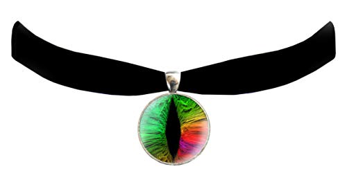Victorian Vault Cat Dragon Eye Black Velvet Choker Steampunk Gothic Pendant Necklace - color: Rainbow