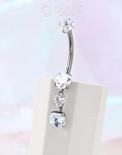 OUFER Titanium Belly Button Rings, Heart Belly Rings Dangling, Internally Threaded Belly Button Piercings, Long Dangle Navel Piercing Jewelry, Belly Rings for Women
