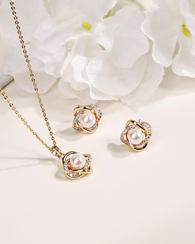 14K Gold Plated and Silver Pearl Jewelry Set for Women - Matching Pearl Necklace and Earring Set with Wrapped Design, June Birthstone Jewelry Set for Gift - color: Gold