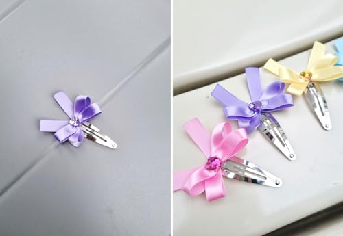 Heart Gem Ribbon Hair Snap Clips with Satin Bow, Multicolor Set of 5, Pink Yellow Green Blue Purple, 2 Inch