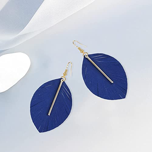 YUNXI Large Genuine Soft Leather Handmade Fringe Feather Lightweight Leaf with Simple Drop Metal Bar Tear Drop Dangle Color Earrings for Women - color: Royal Blue