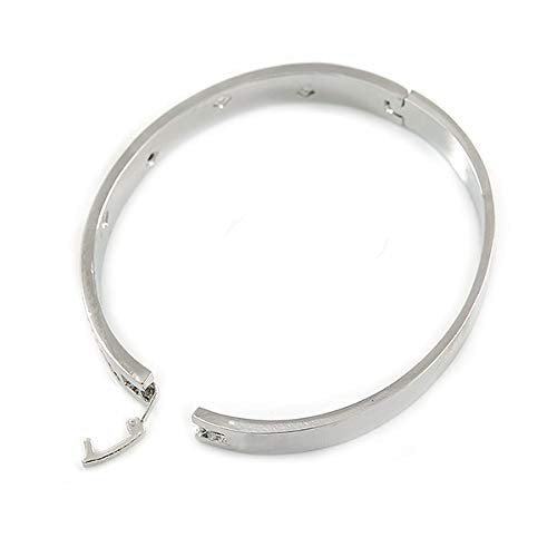 Silver Plated Oval Bangle Bracelet with Clear Crystal Accent - 18cm L