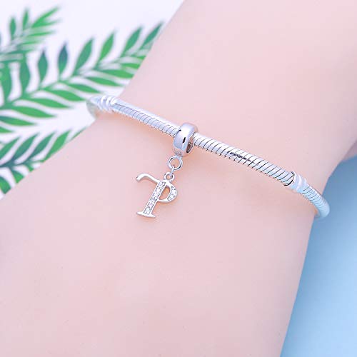 925 Sterling Silver Charms Alphabet Beads fit Pandora Charm Bracelets A-Z Letter Initial Spacer Dangle Clear CZ Stone Authentic for Snake Chain Bracelets - color: P