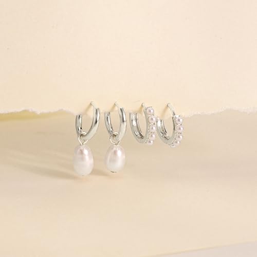 Gold Plated Earrings for Women, 14k Gold Plated Earring Stack Hypoallergenic Pearl Drop Earring Dainty Earrings for Women Trendy Cute Small Huggie Hoop Earring Fashion Womens Jewelry - color: SET17