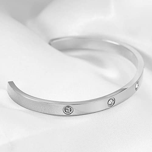 VQYSKO Love Friendship Bracelet Bangle Gold Rose Gold Silver with Cubic Zirconia Stones Stainless Steel Hinged Jewelry with Crystal Oval Bracelet Birthday Present for Her Women Teen Girls - style: 6.5Inch-4MM-Oval-Silver