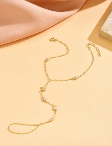 925 Sterling Silver Hand Chain Bracelet for Women | 14k Gold Plated CZ Crystal Heart Starburst Ring Bracelets Hand Chain Diamond Layered Stackable Link Chain Beach Jewelry Gifts - color: GoldB