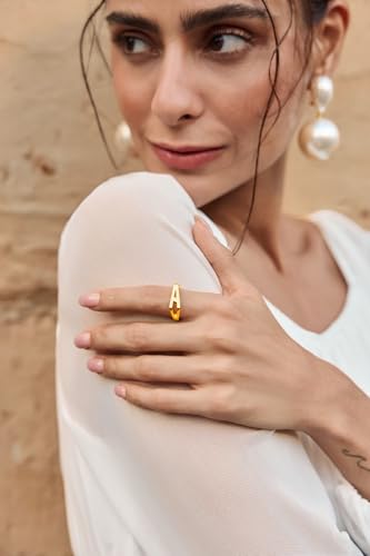 Cicy Bell Initial Rings for Women 18k Gold Plated Adjustable Rings | Open Signet Rings, Bold Letter, Personalized Engraved, For Party - color: Initial-T