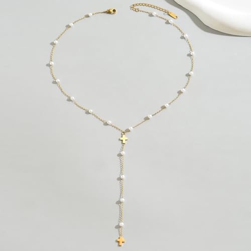 18K Gold Plated Minimalist Drop Y-Shaped Necklace for Women | Simple Lariat Necklace, Minimalist Everyday Jewelry,Y-Shaped Necklace - style: Y Pearl Cross-Gold