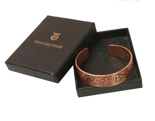 Touchstone magnetic copper bracelets for men women in gift box, engraved | 100% pure solid real adjustable bangle bracelet cuff jewelry; 12X ultra strength with 3500 gauss neodymium magnets; - style: Celtic Engraved