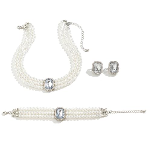 Wekicic Faux Pearl Necklace Earrings Set for Women Crystal Pearl Choker Necklace Bracelet Set 1920s Jewelry for Wedding Party - color: Silver