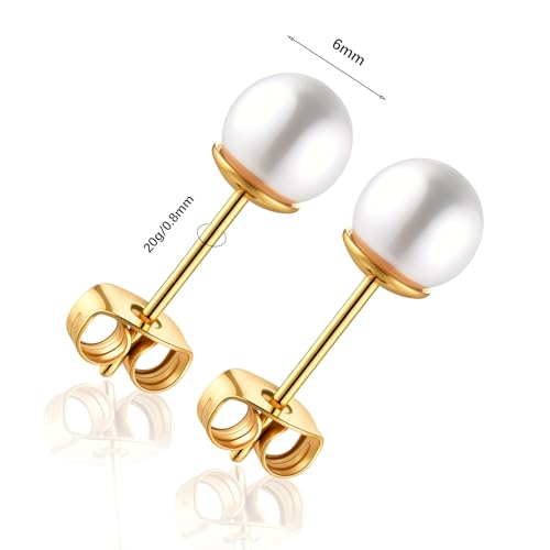 Titanium Ball Earrings Hypoallergenic Studs for Women Men Sensitive Ears Black 3mm 4mm 5mm Titanium Backs - style: 6mm pearl GD