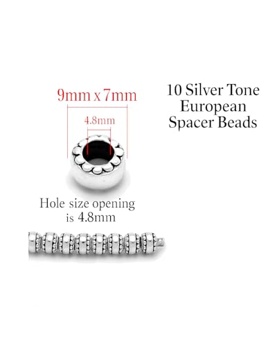 Sexy Sparkles European Spacer Beads for Charm Bracelets – 10 Pcs Silver Tone Beads, Compatible With European, Biagi, Chamilia, and Troll Chains, Hole Size 4.8mm