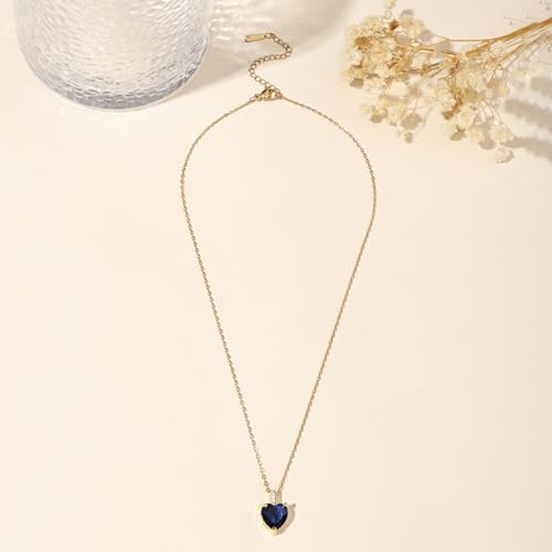 Heart Birthstone Necklace for Women, 14K Gold Plated Birthstone Pendant Necklace Cubic Zirconia Diamond Necklace Dainty Gold Necklace Birthday Gifts for Women Girls - color: 09. September(Sapphire)