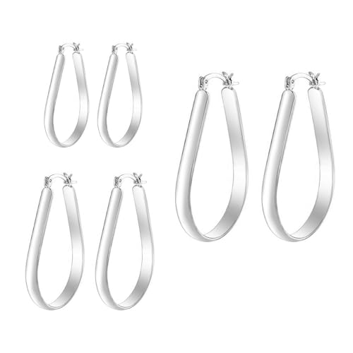 Oval Hoop Earrings 4.8mm Wide Large Chunky Lightweight Big Hoop Earrings 18K Gold Plated Minimalist Jewelry for Women 20/30/40mm - color: Silver-38mm Inner Diameter