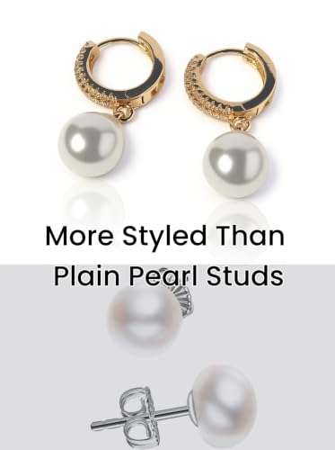 Pearl Drop Hoop Earrings for Women, Gold Plated CZ Pearl Dangle Earrings, 10mm Shell Pearl, Elegant Dainty Earrings for Office Date Night