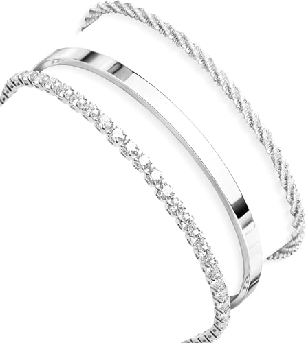925 Sterling Silver Bracelets for Women Stack, Trendy Tennis Bangle Cuff Jewelry Set 14K Gold Plated, Adjustable Bracelet Set for Wrist Essentials, Women Fashion Watch Band Acecessories - style: Bracelet_3pcs(Dainty Tennis Set-Silver)