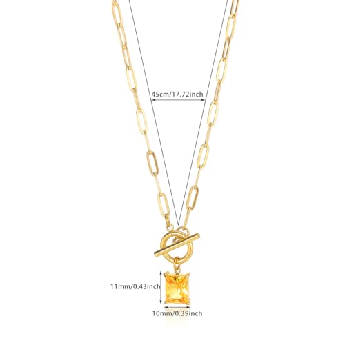 Diamond Necklaces for Women Natural Stone Paperclip Toggle Necklace 14K Gold Plated Emerald Birthstone Necklace for Women Paper Clip Chain Blue Green Cubic Zirconia Pendant Birthday Gifts for Women Mother Jewelry - color: 11. November(Citrine)