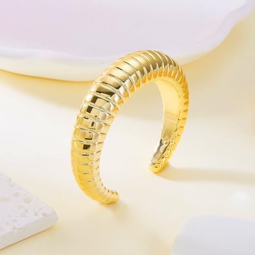 Chunky Geometric Textured Open Cuff Bangle Bracelet for Women Men Trendy Hammered Statement Cuff Bracelet Spiraled Oval Charm Cuff Bracelet Jewelry Gifts - color: Gold