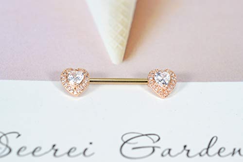 HQLA 14G Dainty CZ Love Heart Nipple Rings Tongue Ring Surgical Steel Nipple rings Piercing Women Barbells 2Pcs 25/8"(16mm) - style: Rose Gold