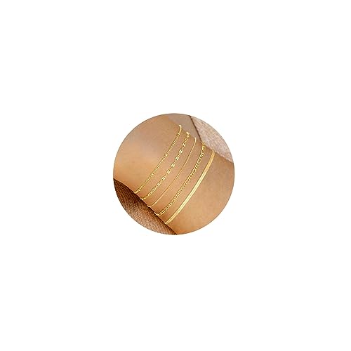 Dainty 14K Gold Plated Bracelets for Women Waterproof, Non Tarnish Gold Jewelry Sets, Thin Stackable Link Paperclip Chain Bracelet Pack Fashion Accessories Gifts for Womens - style: 5Pcs BRACELET SET-06