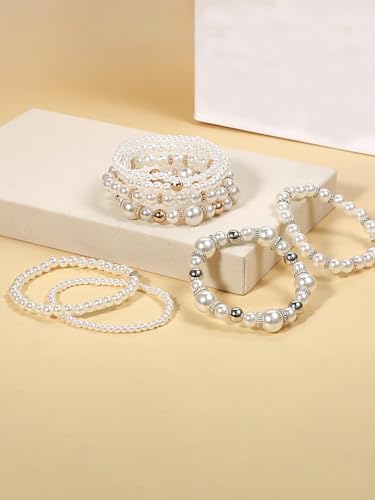 4/8 Pack Pearl Bracelets for Women Simulated Pearl Beaded Stackable Bracelet Set White Pearls Stretch Bracelet Set Multilayered Elastic Pearls Bracelets Bangles for Women Bridal Boho Jewelry - color: Gold Silver